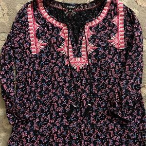 Lucky Brand Bohemian Black Pink Top Blouse Shirt Large